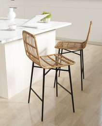 Rattan Counter Bar Stools Set of 2, 26" Counter Height Barstools with Back, Bar Chairs for Kitchen Island, Brown