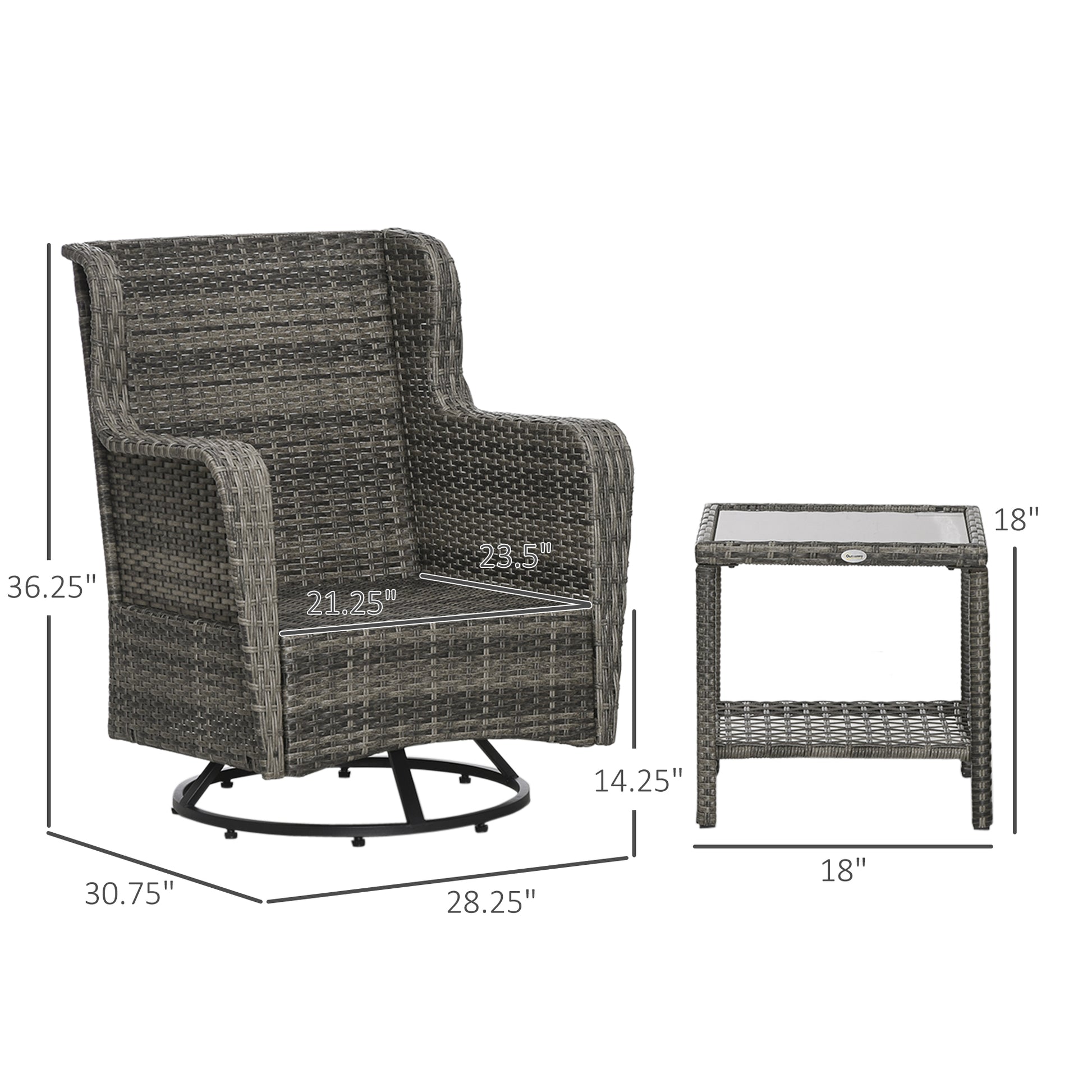 Patio Bistro Set, Porch Furniture with 360° Rotation & Rocking Function, 28.25"x30.75"x36.25", Gray
