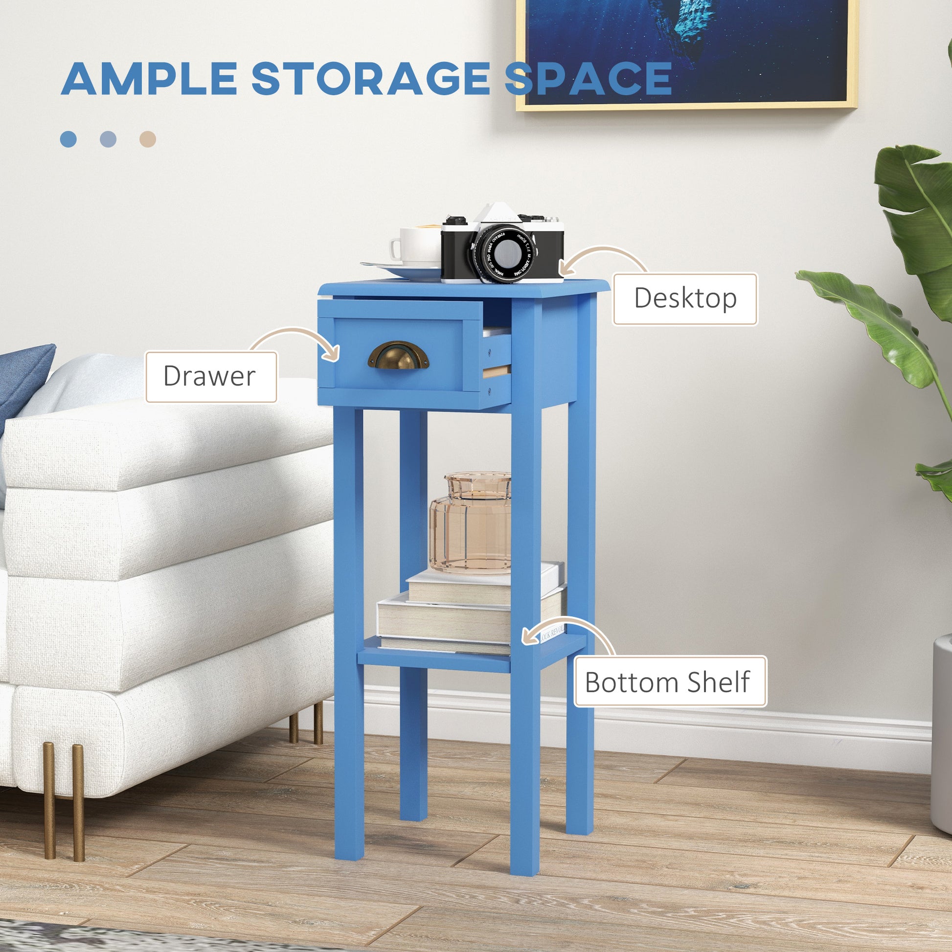 2-Tier Side Table With Drawer And Shelf, End Table ,Light Blue