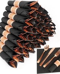 50 Pack Pre Rolled Rose Gold Plastic Silverware Set,Wrapped Plastic Cutlery Set With Napkin Include 50 Forks,50 Spoons,50 Knives And 50 Black Napkins For Party, Wedding