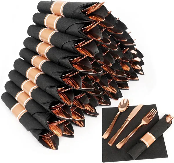 50 Pack Pre Rolled Rose Gold Plastic Silverware Set,Wrapped Plastic Cutlery Set With Napkin Include 50 Forks,50 Spoons,50 Knives And 50 Black Napkins For Party, Wedding