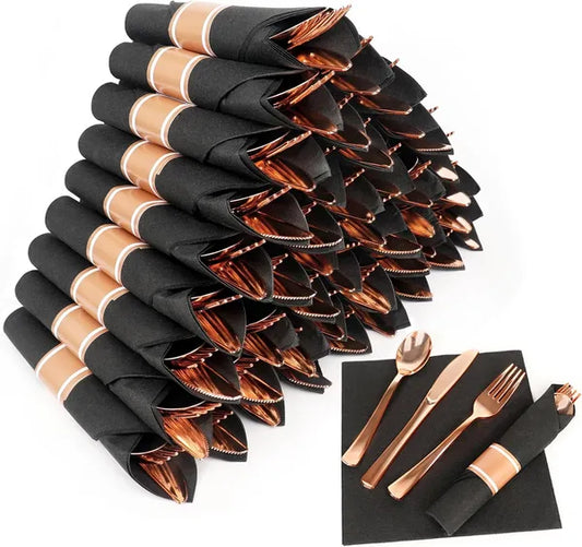 50 Pack Pre Rolled Rose Gold Plastic Silverware Set,Wrapped Plastic Cutlery Set With Napkin Include 50 Forks,50 Spoons,50 Knives And 50 Black Napkins For Party, Wedding