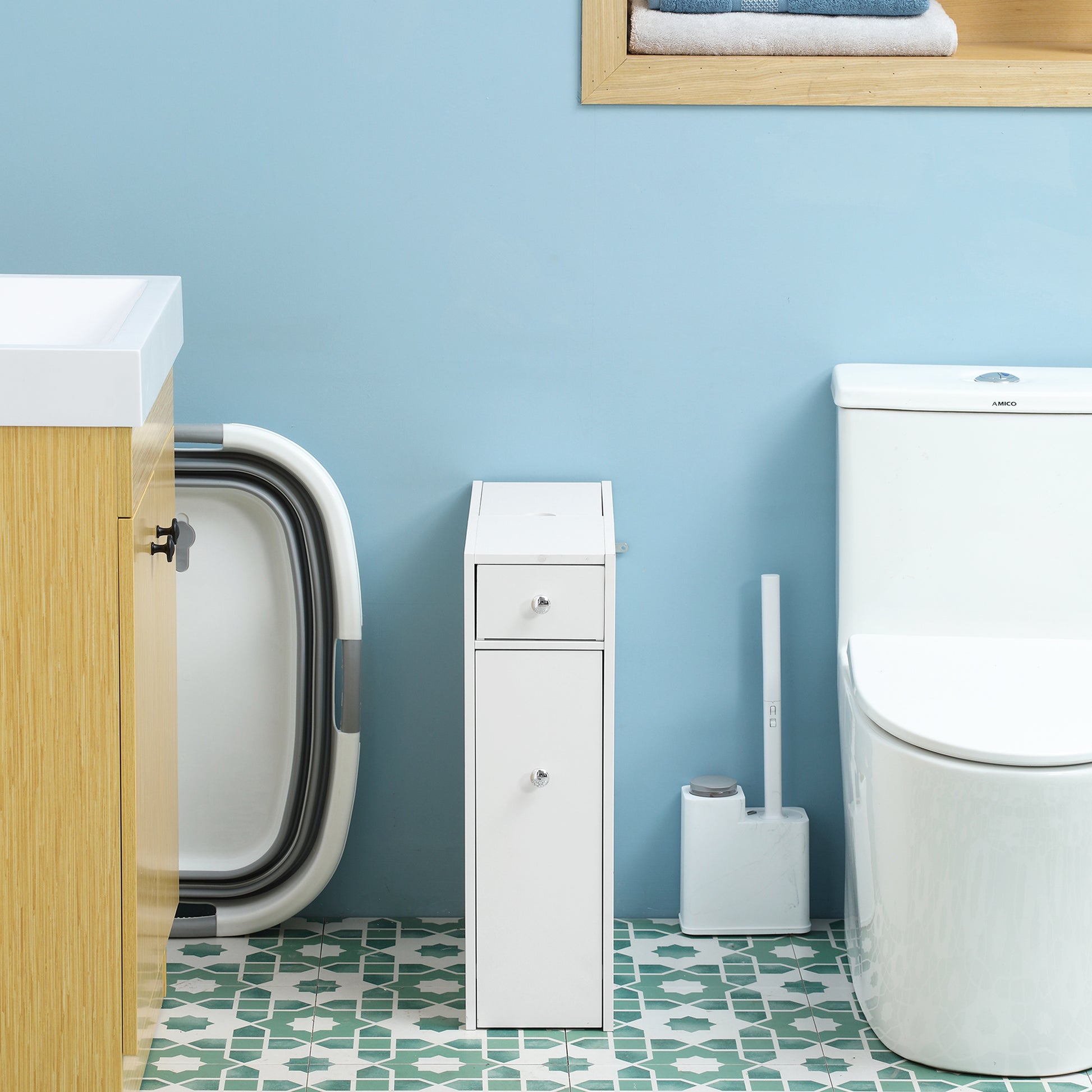 Bathroom Floor Organizer, Freestanding Space-saving Narrow Storage Cabinet, Bathtub Toilet Paper Holder With Drawers, White.