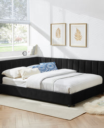 Full Size Upholstered Tufted Bed Frame, Sofa Bed Frame With Comfortable Backrest And Armrests, Full Size Bed For Bedroom, Living Room,Velvet-Black 81x60x29.5