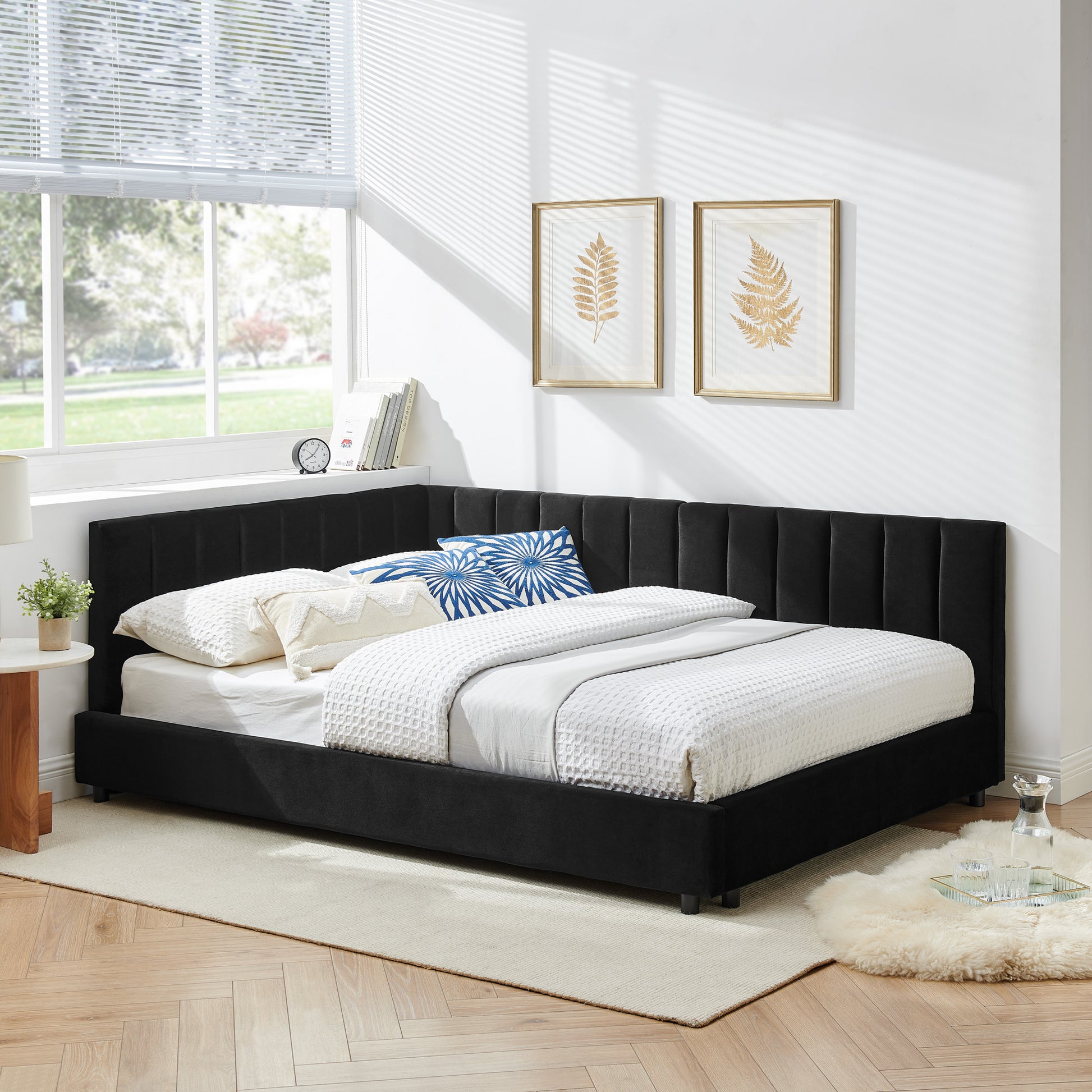 Full Size Upholstered Tufted Bed Frame, Sofa Bed Frame With Comfortable Backrest And Armrests, Full Size Bed For Bedroom, Living Room,Velvet-Black 81x60x29.5