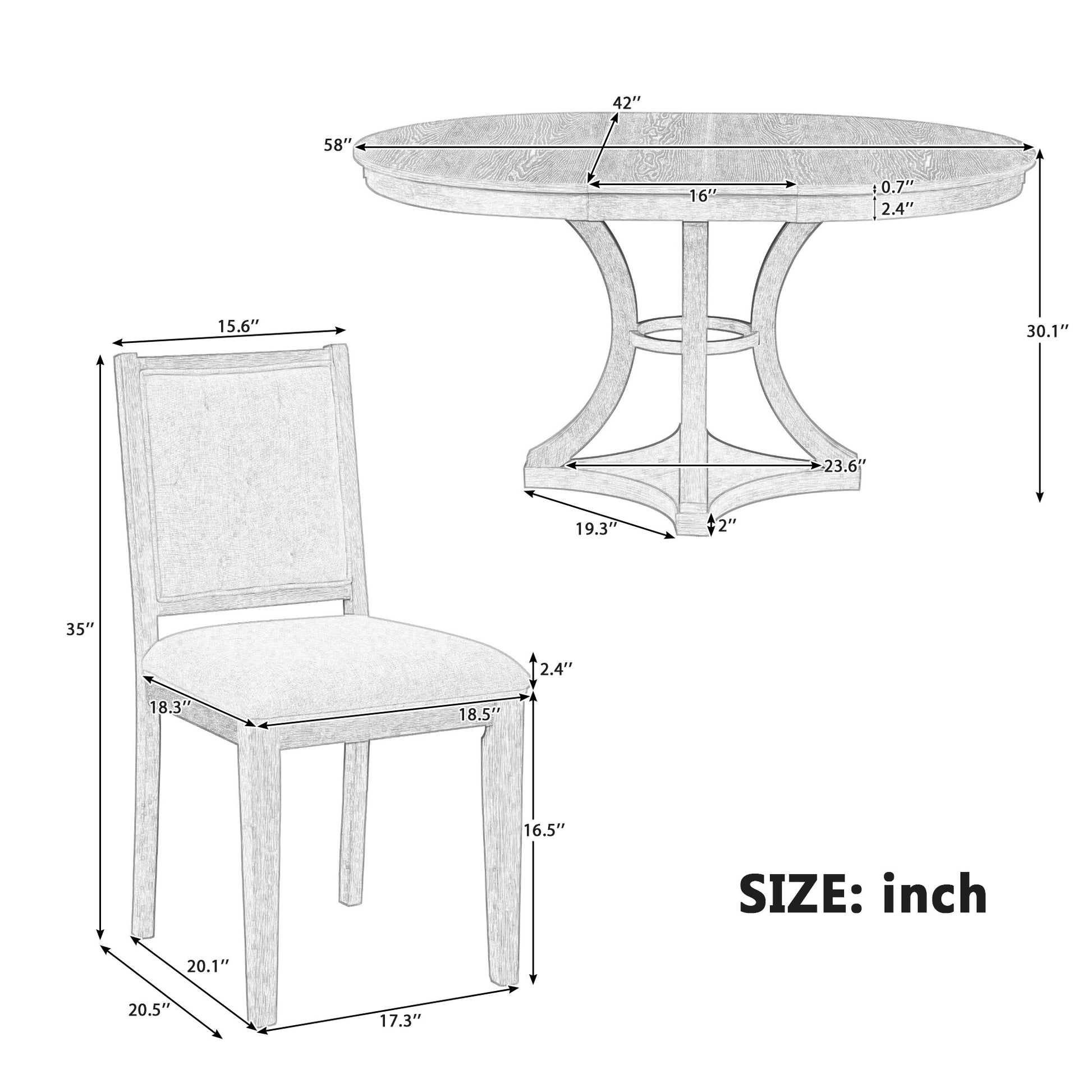 TREXM 5-Piece Retro Functional Dining Table Set Extendable Round Table And 4 Upholstered Chairs For Dining Room And Living Room  Natural