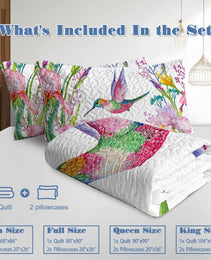 Watercolor Hummingbird Flowers Pattern Quilt Set -1 Quilt, 2 Shams