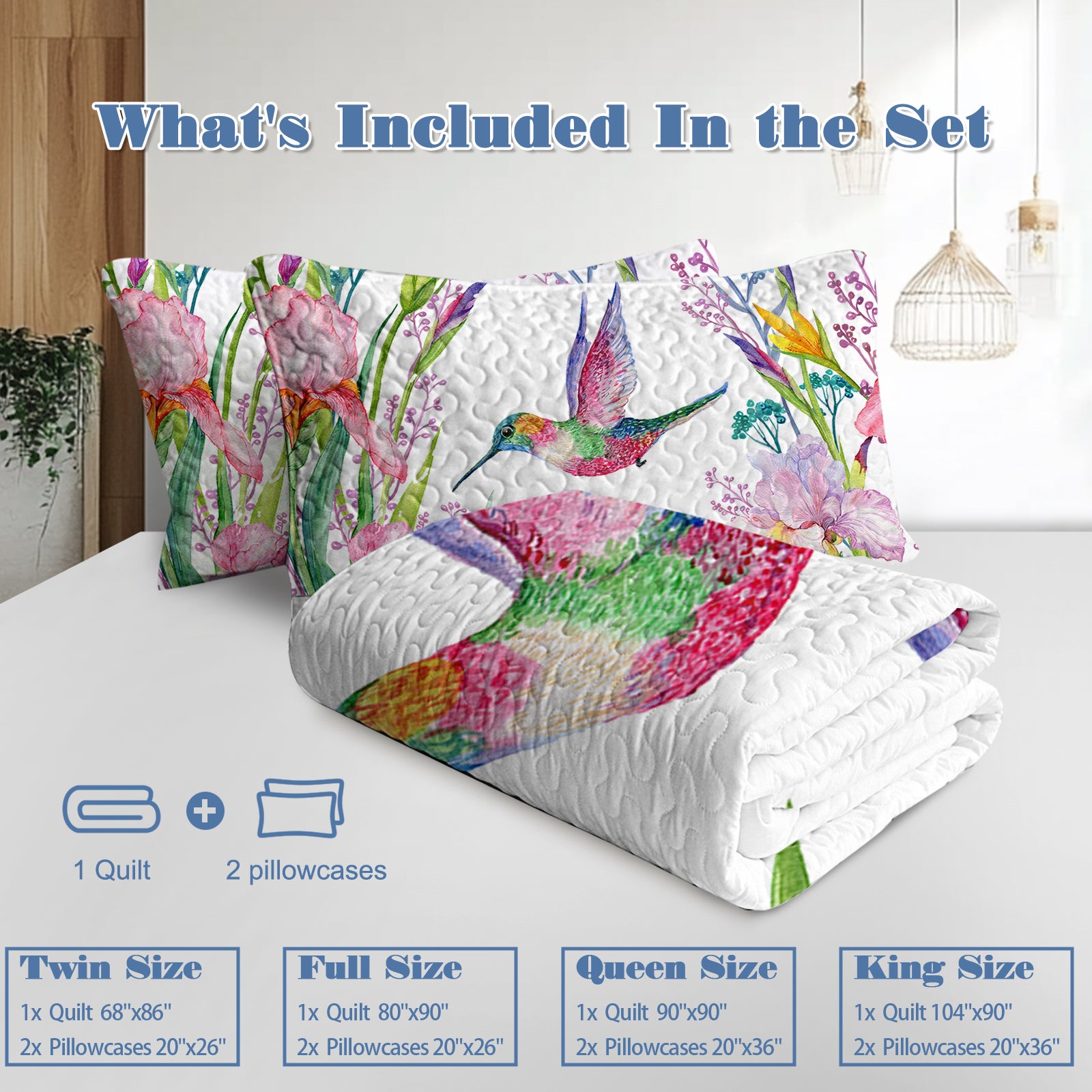 Watercolor Hummingbird Flowers Pattern Quilt Set -1 Quilt, 2 Shams