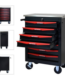 7 Drawers Multifunctional Tool Cart With Wheels,Metal Rolling Tool Cart Storage For Garage Workshop Warehouse Repair Shop--With Stainless Steel Roof- BLACK RED