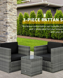 Wicker Bistro Patio Set, 2 Porch Chairs & Glass Table, Black