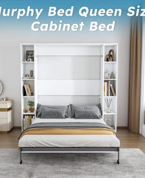 Queen Murphy Bed, 89.7-inch Foldable Wall Bed, With Storage Cabinet, With Hardware Bed Frame And Solid Wood Support Strips, Hidden Bed Frame, Suitable For Bedrooms, Guest Rooms, White