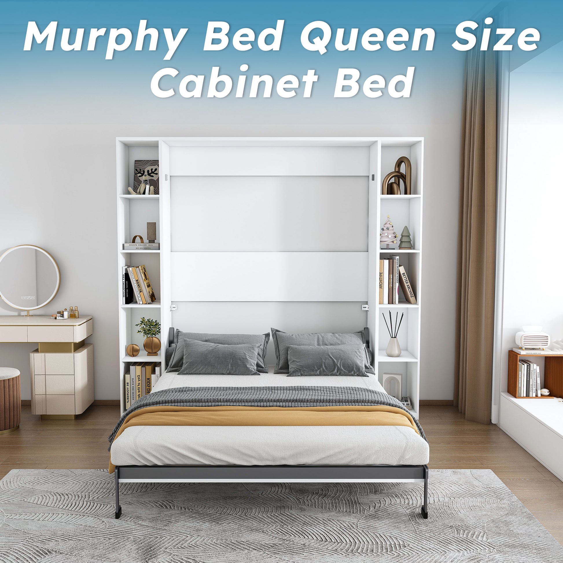 Queen Murphy Bed, 89.7-inch Foldable Wall Bed, With Storage Cabinet, With Hardware Bed Frame And Solid Wood Support Strips, Hidden Bed Frame, Suitable For Bedrooms, Guest Rooms, White