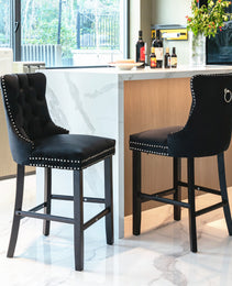 Contemporary Velvet Upholstered Barstools With Button Tufted Decoration And Wooden Legs, And Chrome Nailhead Trim, Leisure Style Bar Chairs,Bar Stools, Set Of 2 Black,SW2002BK