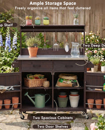 K&K 54.1  Outdoor Kitchen Island With High Shelf, Large Outdoor Potting Bench Table With Stainless Steel Top And Storage Cabinet, Solid Wood Grill Cart With Lockable Wheels For BBQ, Garden, Brown