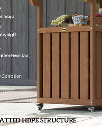 Outdoor Bar Cart with Storage, Stainless Steel Outdoor Bar Table Top, Wheeled HDPE Kitchen Island for Food Prep, Brown