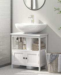 Pedestal Sink Storage Cabinet, Bathroom Under Sink Cabinet with 2 Doors and Open Shelf, Bathroom Vanity, White