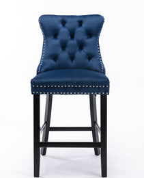 Contemporary Velvet Upholstered Barstools With Button Tufted Decoration And Wooden Legs, And Chrome Nailhead Trim, Leisure Style Bar Chairs,Bar Stools, Set Of 2 Blue,SW2002BL