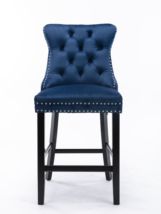 Contemporary Velvet Upholstered Barstools With Button Tufted Decoration And Wooden Legs, And Chrome Nailhead Trim, Leisure Style Bar Chairs,Bar Stools, Set Of 2 Blue,SW2002BL