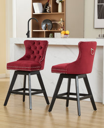Swivel Velvet Barstools With Button Tufted Decoration And Wooden Legs, And Chrome Nailhead Trim, Leisure Style Bar Chairs,Bar Stools, Set Of 2 Wine Red