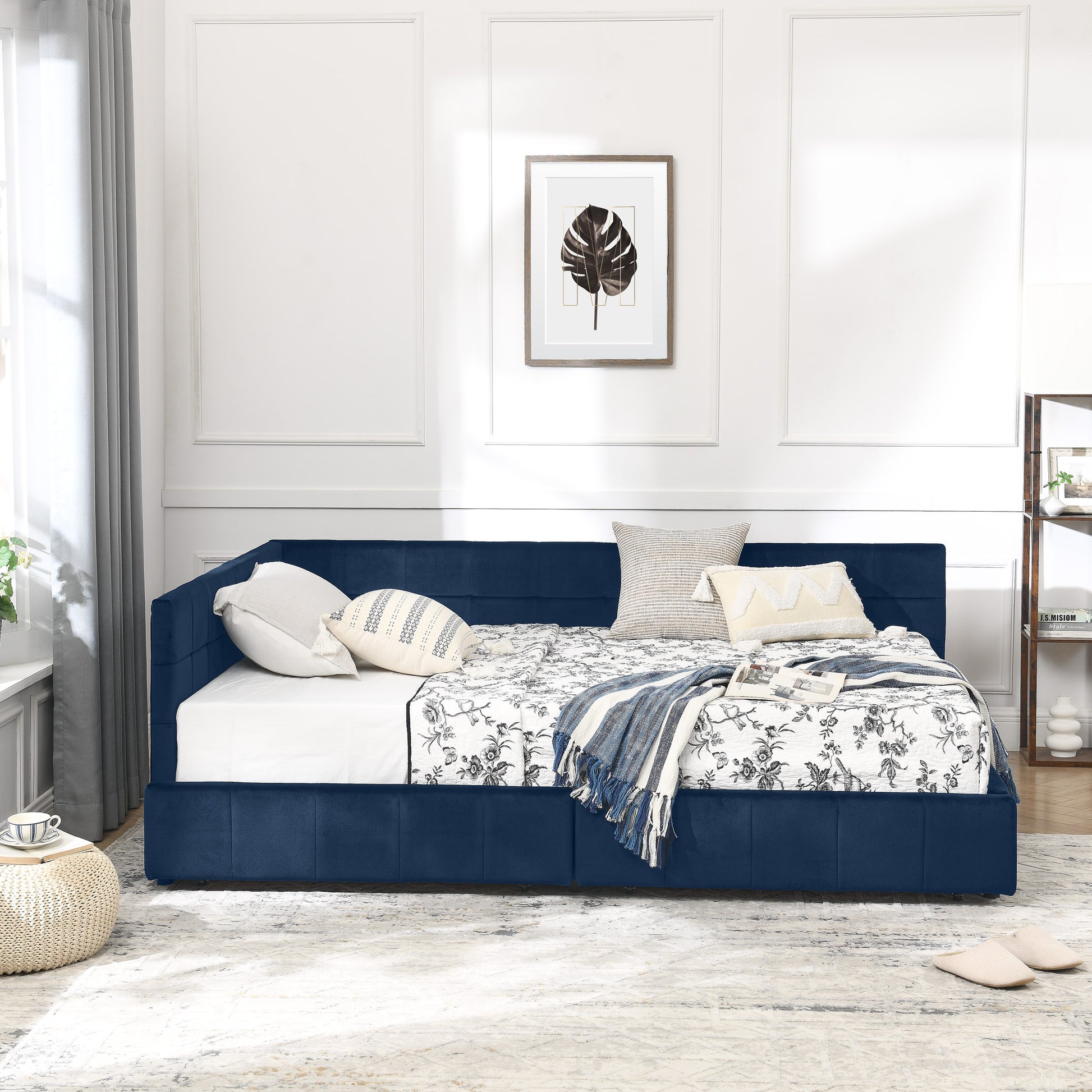 Full Size Storage Upholstered Tufted Bed Frame, Sofa Bed Frame With Comfortable Backrest And Armrests, Full Size Bed For Bedroom, Living Room,Velvet, DARK BLUE 80.5x59x29.5