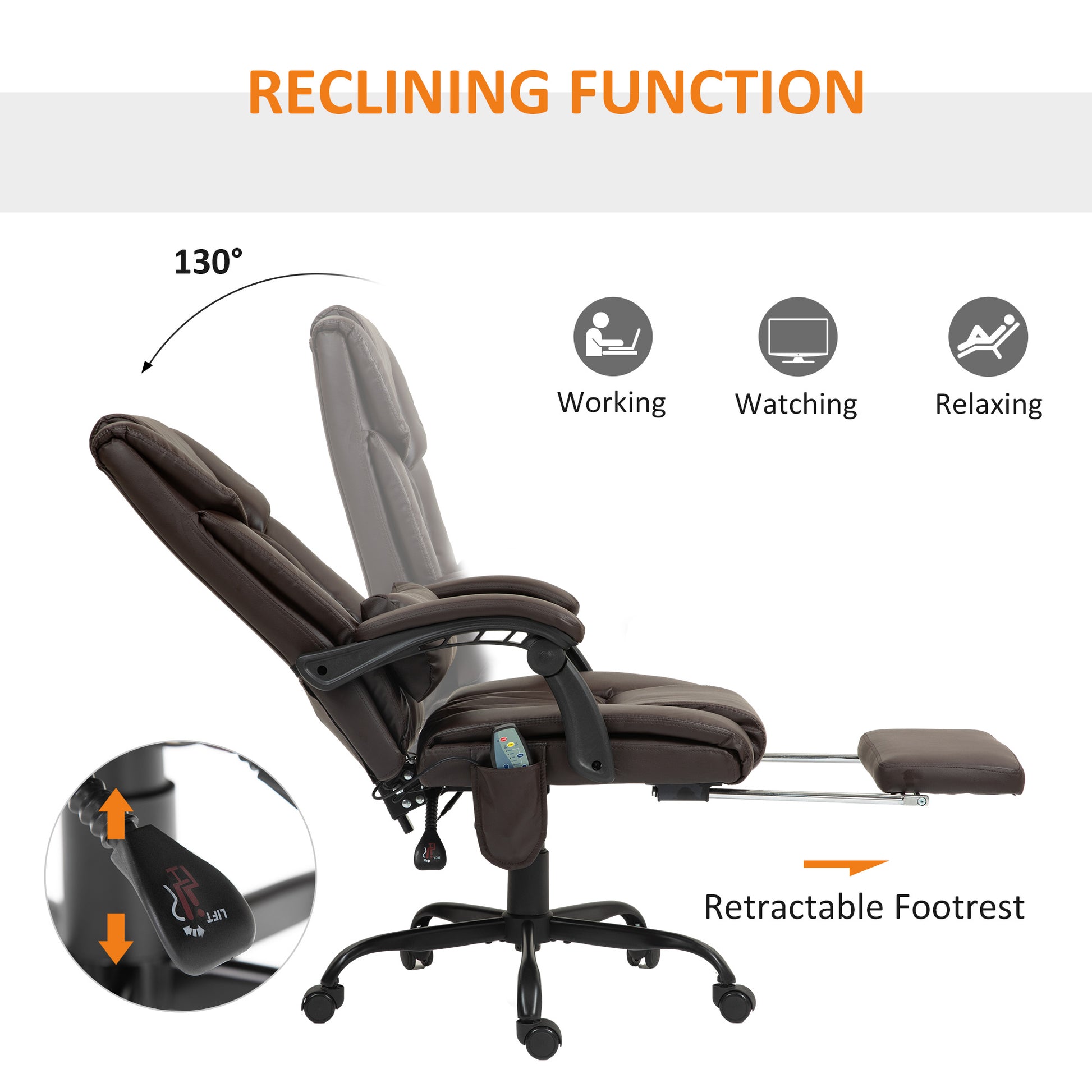 Massage Office Chair With 6 Vibrating Points, High Back Reclining Office Chair With Footrest And Remote, Brown
