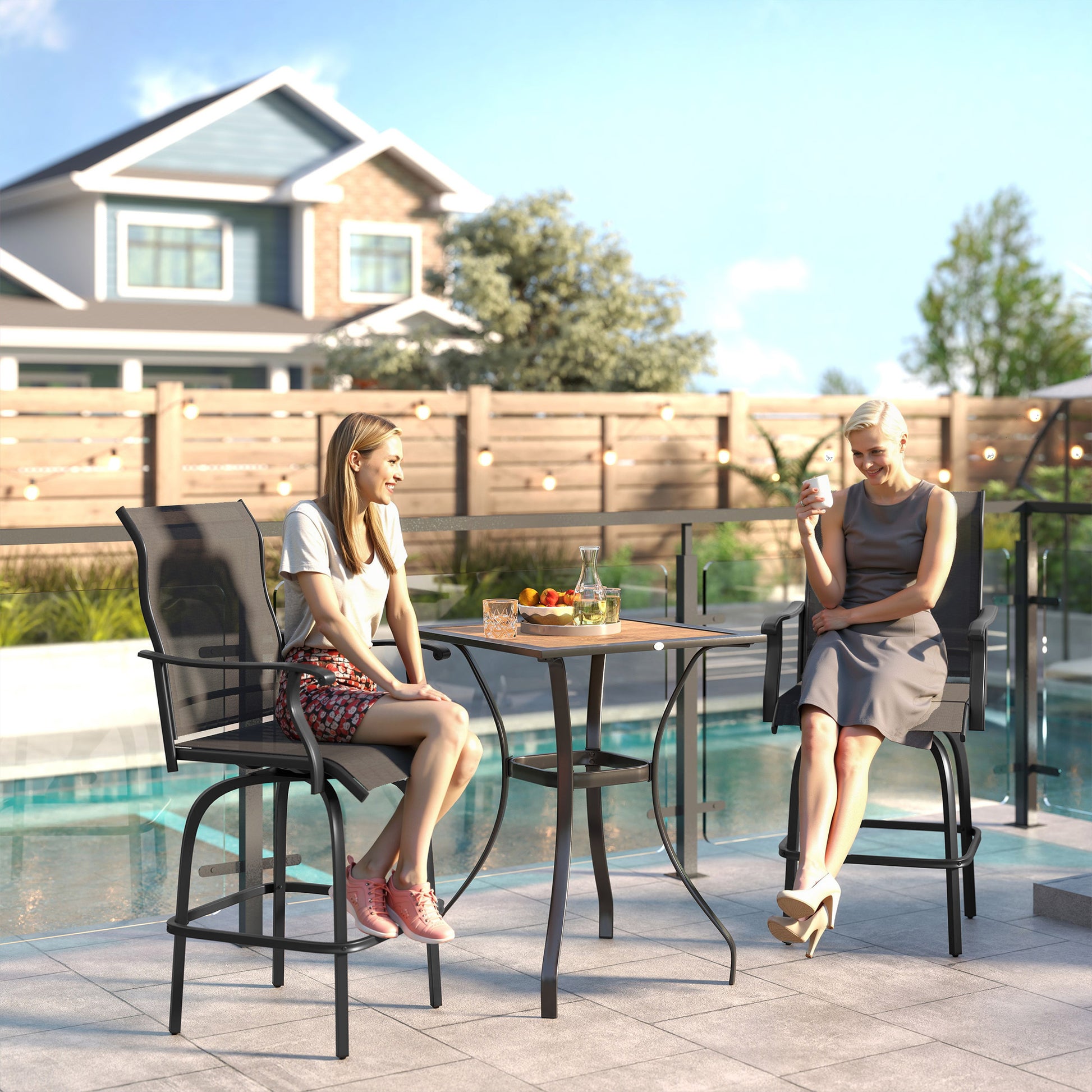 Set of 2 Outdoor Swivel Bar Stools with Armrests, Bar Height Patio Chairs with Steel Frame for Balcony, Poolside, Backyard, Black