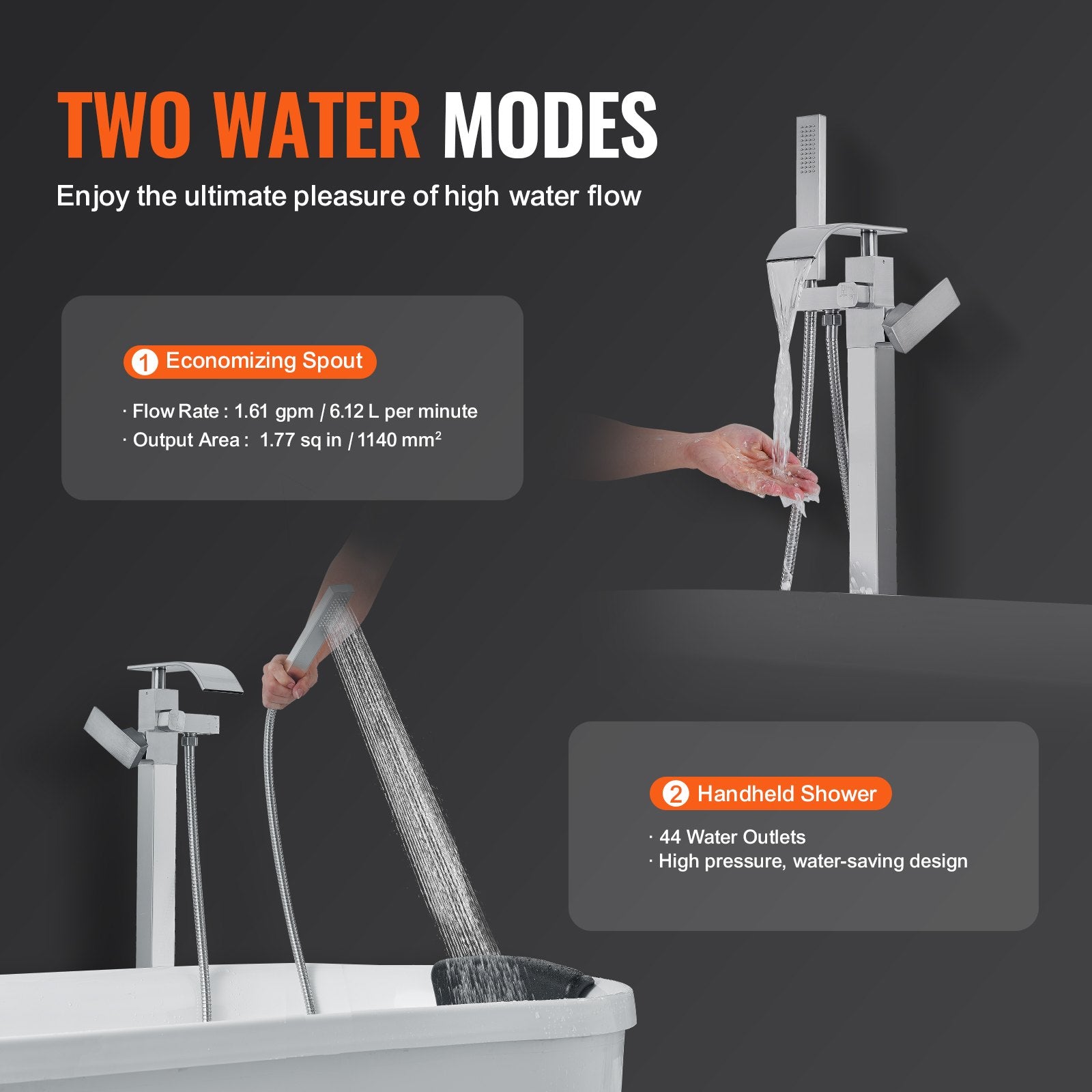 Freestanding Bathtub Faucet, Floor Mount, Freestanding Tub Filler, Shower Mixer Taps, Two Water Modes, 360° Swivel Spout, For Bathing & Showering Pet Bathing Cleaning Drains Toilet Flushing