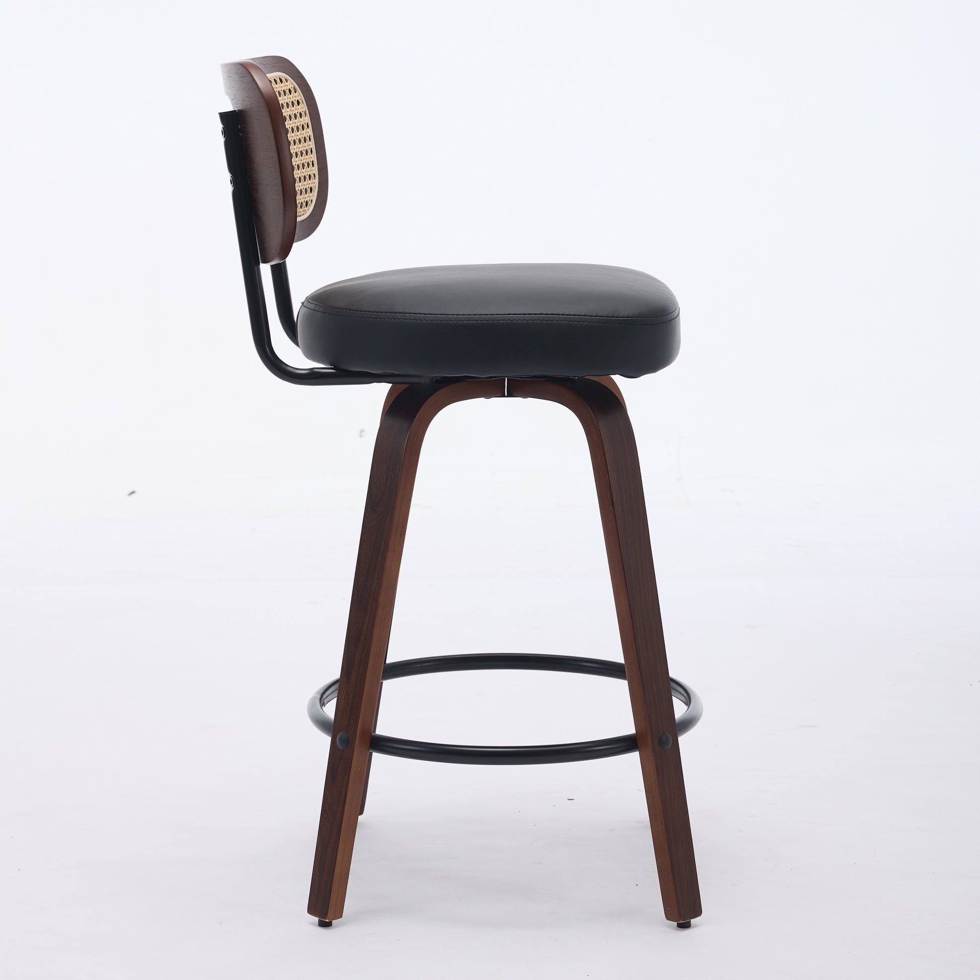 Set Of 2 Counter Height Bar Stools - 26 Inch Rattan Counter Height Stools With Cane Back, Upholstered Seat, Walnut Craftsmanship, Swivel Counter Stools For Island Kitchen Counter Bar Walnut Black