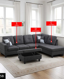 Pickup Only--Black Grey Linen 3-Piece Couch Living Room Sofa Set
