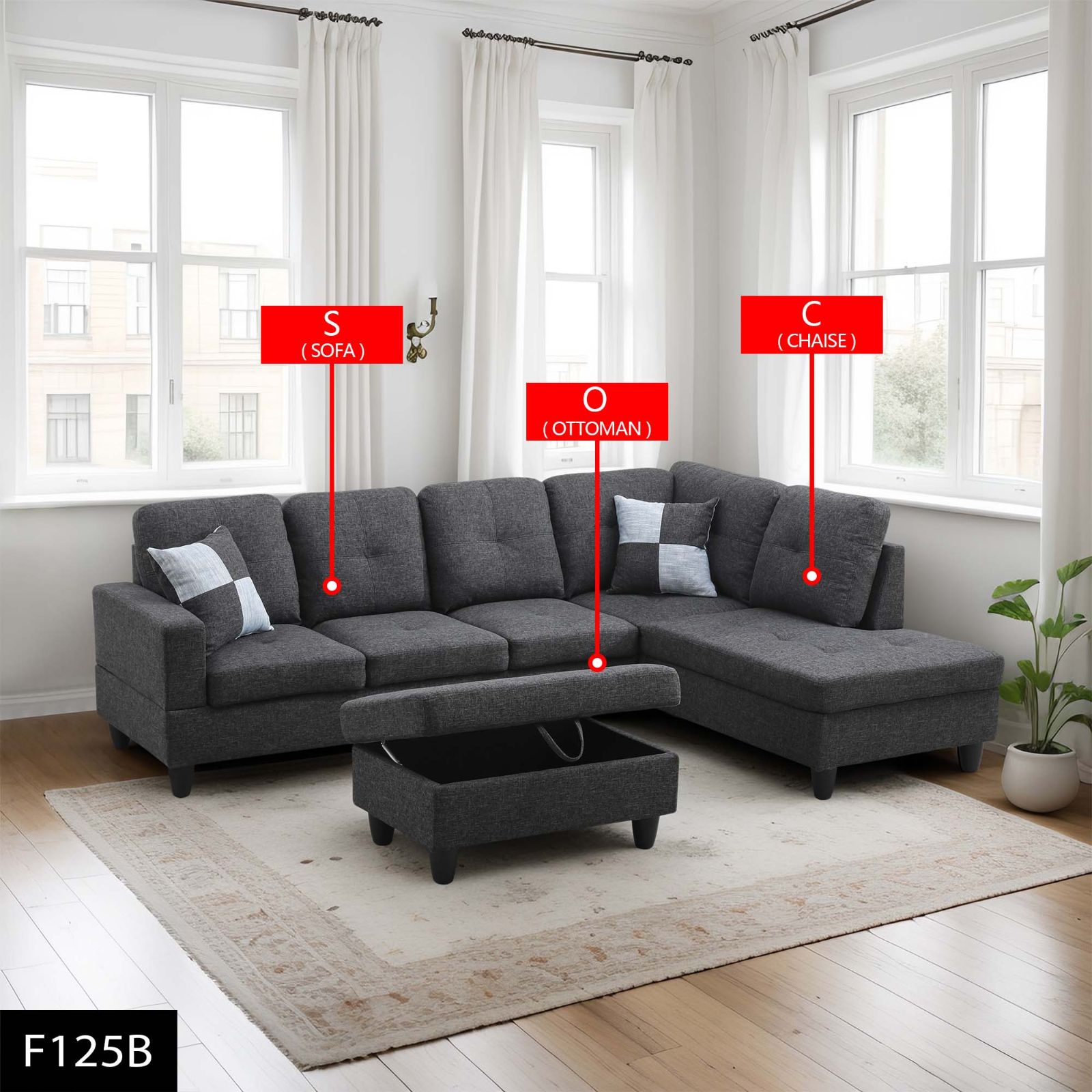 Pickup Only--Black Grey Linen 3-Piece Couch Living Room Sofa Set