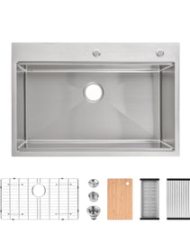 Stainless Steel Kitchen Sink,Single Bowl, Overmount Handmade Sink In Brushed, With Cutting Board, Colander, Grid, LS-SSBR01