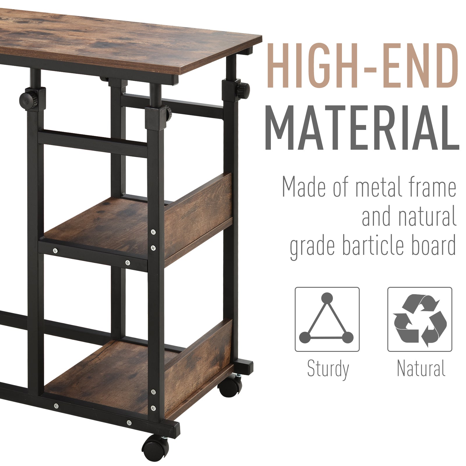 Mobile Nightstand Adjustable 3-Tier C-Shaped Side Table With Casters