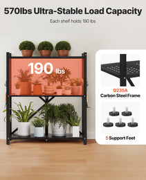 3-Tier Foldable Storage Shelf, 30W X 13D X 36H Inch Folding Metal Rack Shelving Unit, No Assembly Organizer Shelf With 5 Wheels & 4 Hooks For Pantry, Kitchen, Garage, Basement, Black