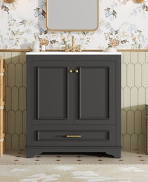 30 Luxurious Bathroom Vanity With Ceramic Sink, Bathroom Vanities Cabinet With 2 Large Soft Closing Doors, Solid Wood Frame Bathroom Storage Cabinet