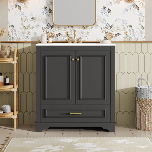 30 Luxurious Bathroom Vanity With Ceramic Sink, Bathroom Vanities Cabinet With 2 Large Soft Closing Doors, Solid Wood Frame Bathroom Storage Cabinet