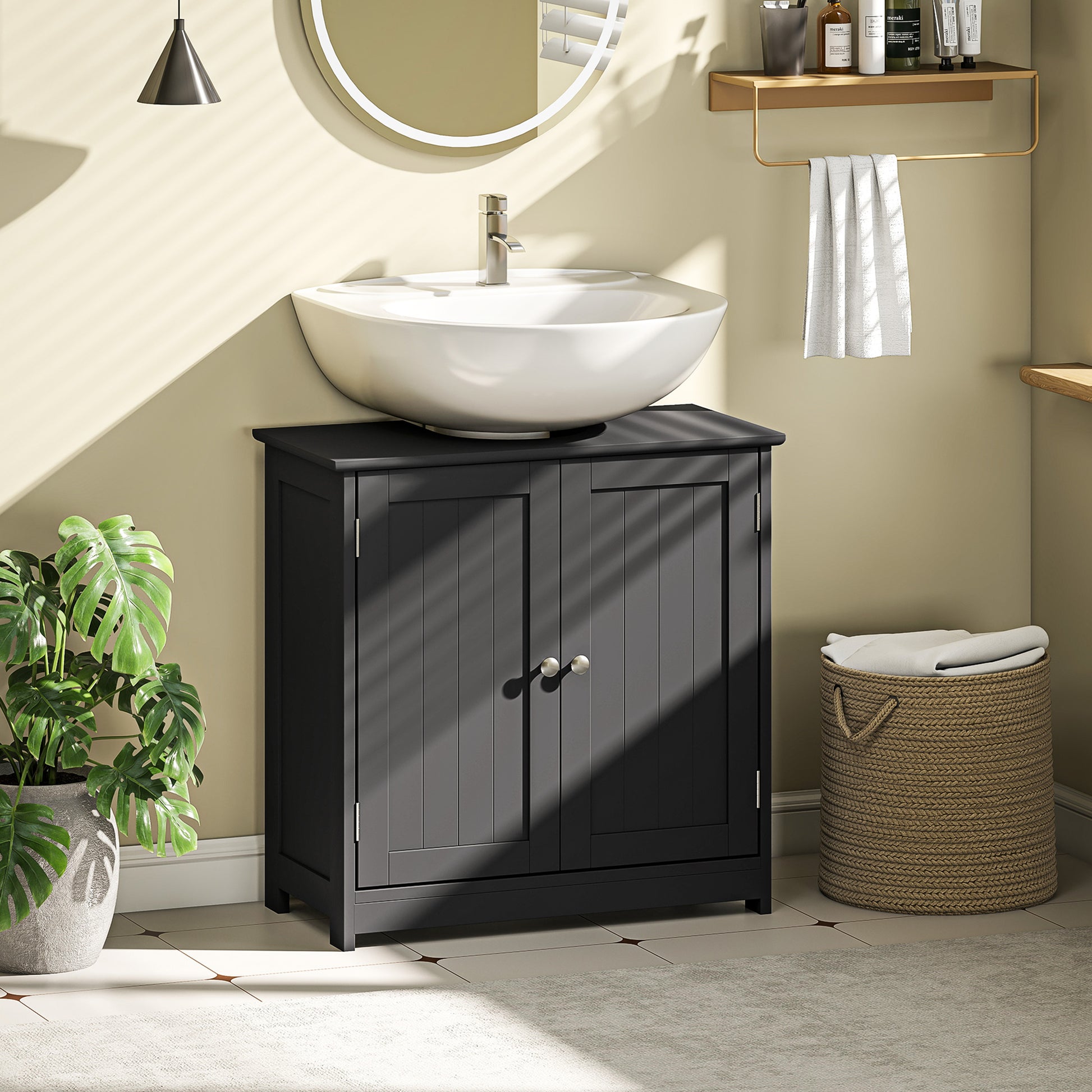 Pedestal Sink Storage Cabinet, Bathroom Sink Cabinet with U-Shape Cut-Out and Adjustable Shelf, Black