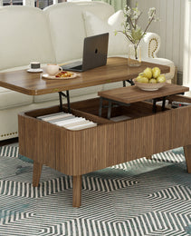 3 In 1 Lift Top Coffee Table, Fluted Convertible Coffee Tables Converts To Dining Tables, Modern Oval Wooden Center Table With Storage For Living Room Office Small Space Walnut