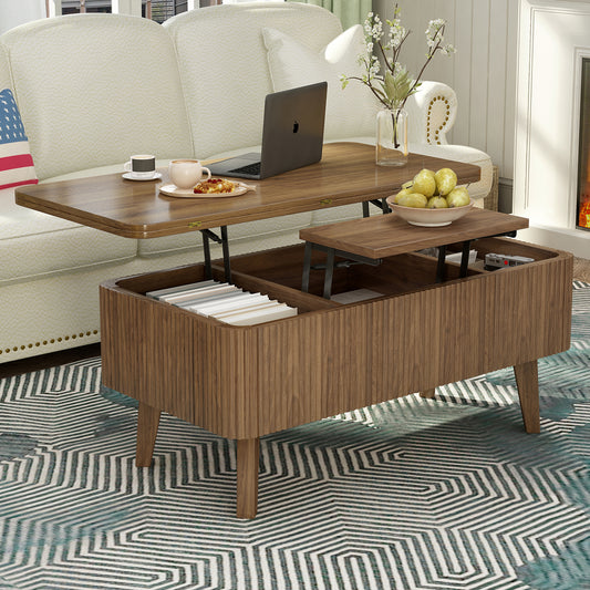 3 In 1 Lift Top Coffee Table, Fluted Convertible Coffee Tables Converts To Dining Tables, Modern Oval Wooden Center Table With Storage For Living Room Office Small Space Walnut
