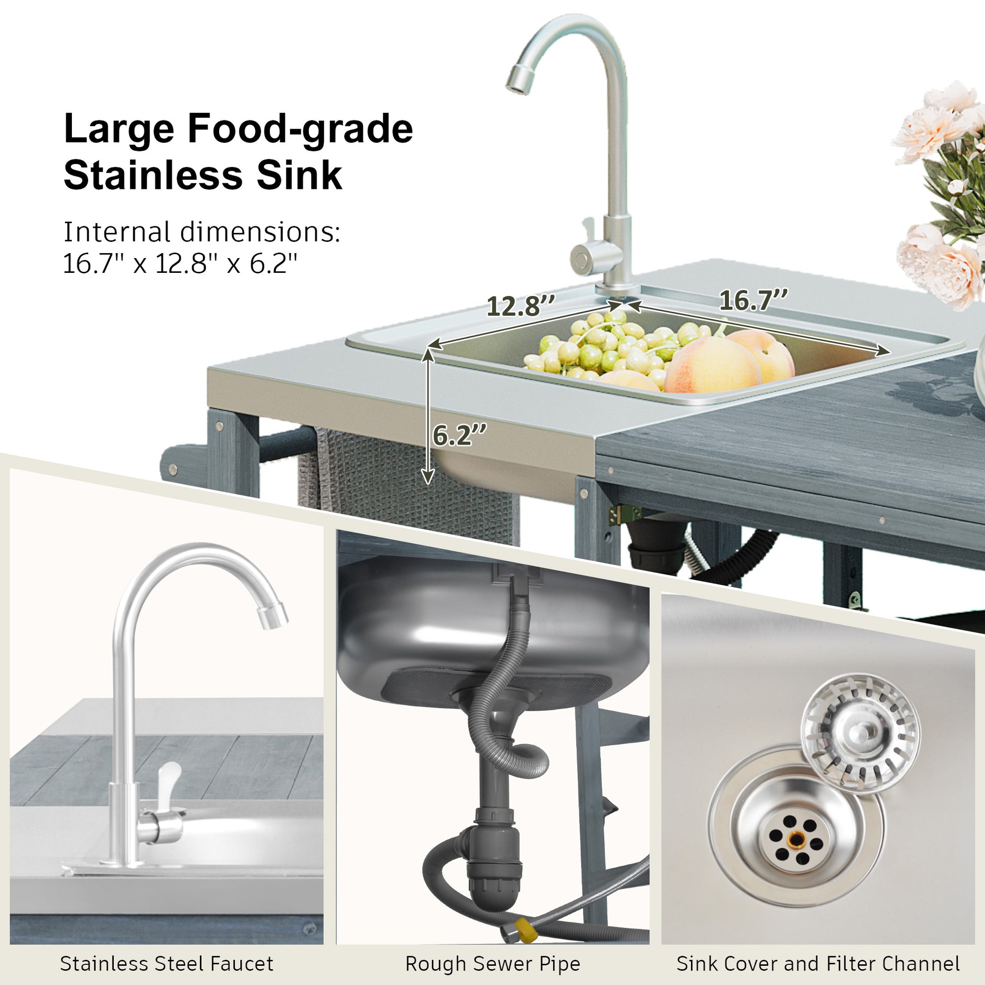 K&K 75.4  Outdoor Kitchen Island With Sink, Solid Wood Outdoor Grill Cart For XL Green Egg Grills, Rolling Outdoor Bar Cart With Stainless Steel Top, For Pizza Prep & BBQ, Grey Blue