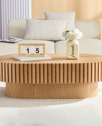 43.70Inch Modern Handcraft Drum Coffee Table Oval Coffee Table For Living Room,Small Wooden Coffee Table With Sturdy Pedestal For Office,ASH Color