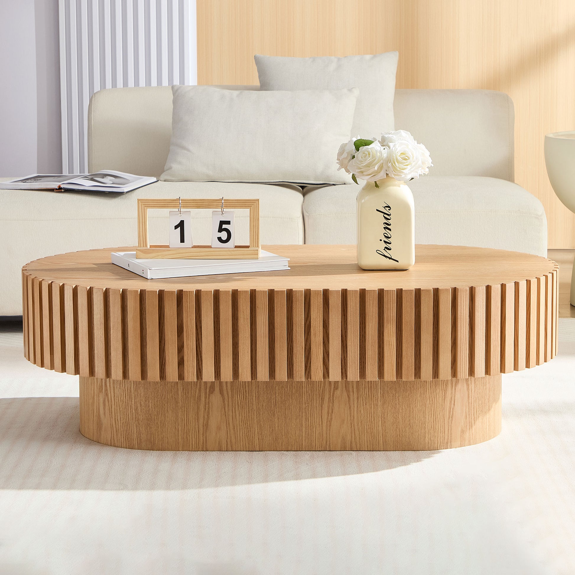 43.70Inch Modern Handcraft Drum Coffee Table Oval Coffee Table For Living Room,Small Wooden Coffee Table With Sturdy Pedestal For Office,ASH Color
