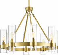 Teramo Gold Wagon Wheel Chandelier, 26 Inch round Dining Room Light, Clear