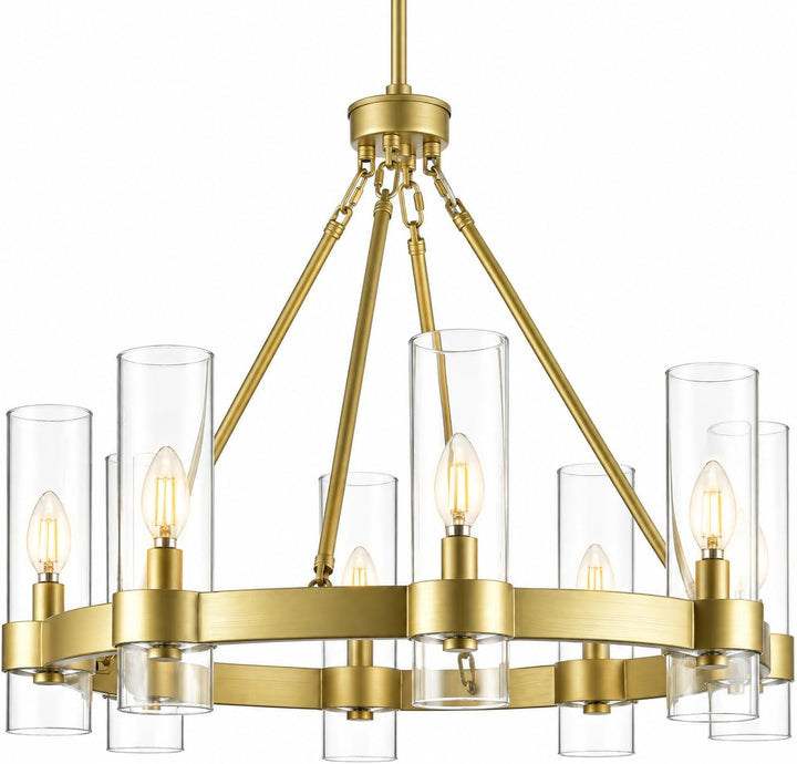 Teramo Gold Wagon Wheel Chandelier, 26 Inch round Dining Room Light, Clear