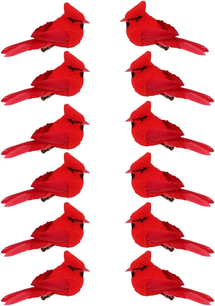 Twelve clip-on red cardinal Christmas birds