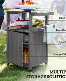 Outdoor Grill Cart with Stainless Steel Top, Solid Wood Outdoor Kitchen Island with Wheels, Integrated Hole, Dark Gray
