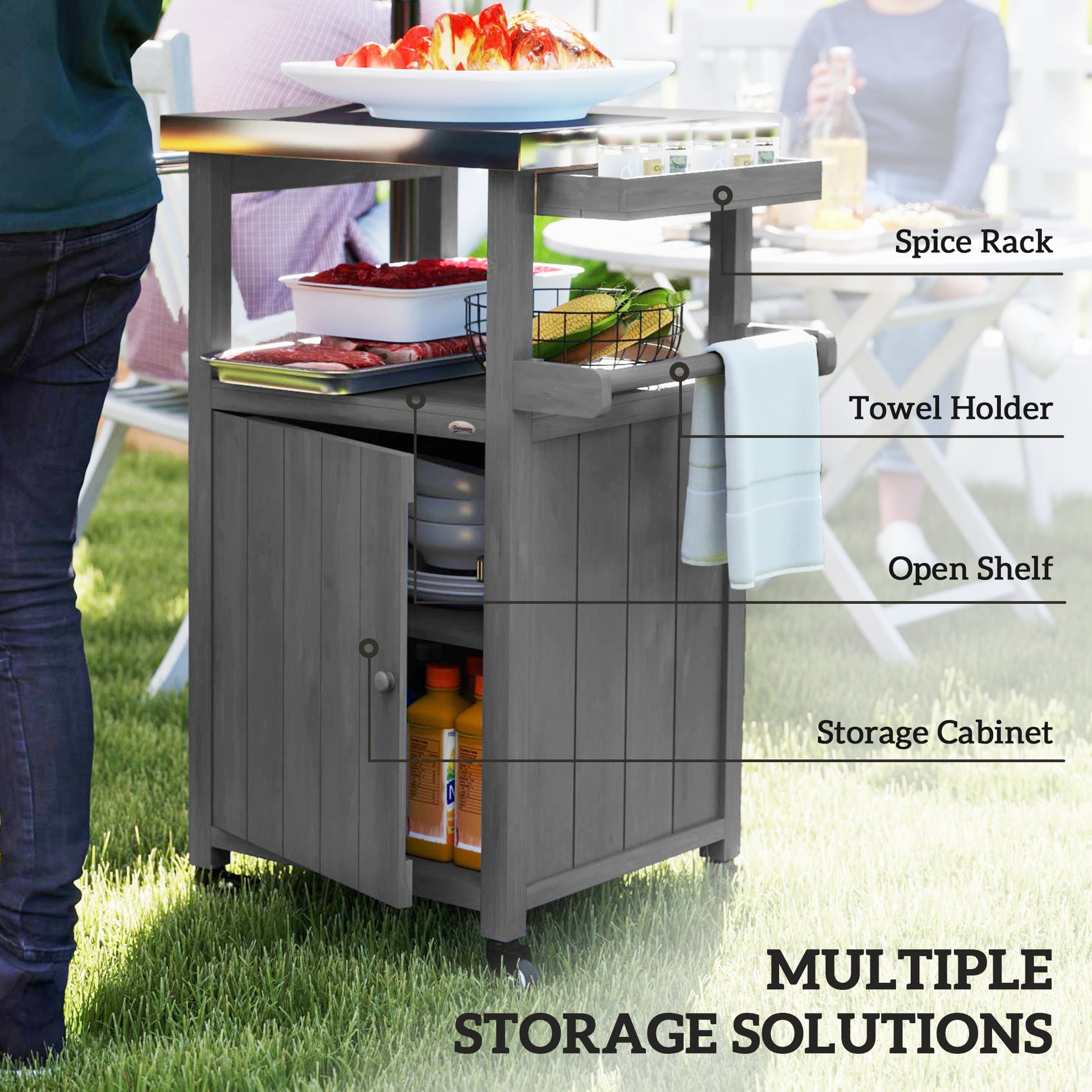 Outdoor Grill Cart with Stainless Steel Top, Solid Wood Outdoor Kitchen Island with Wheels, Integrated Hole, Dark Gray