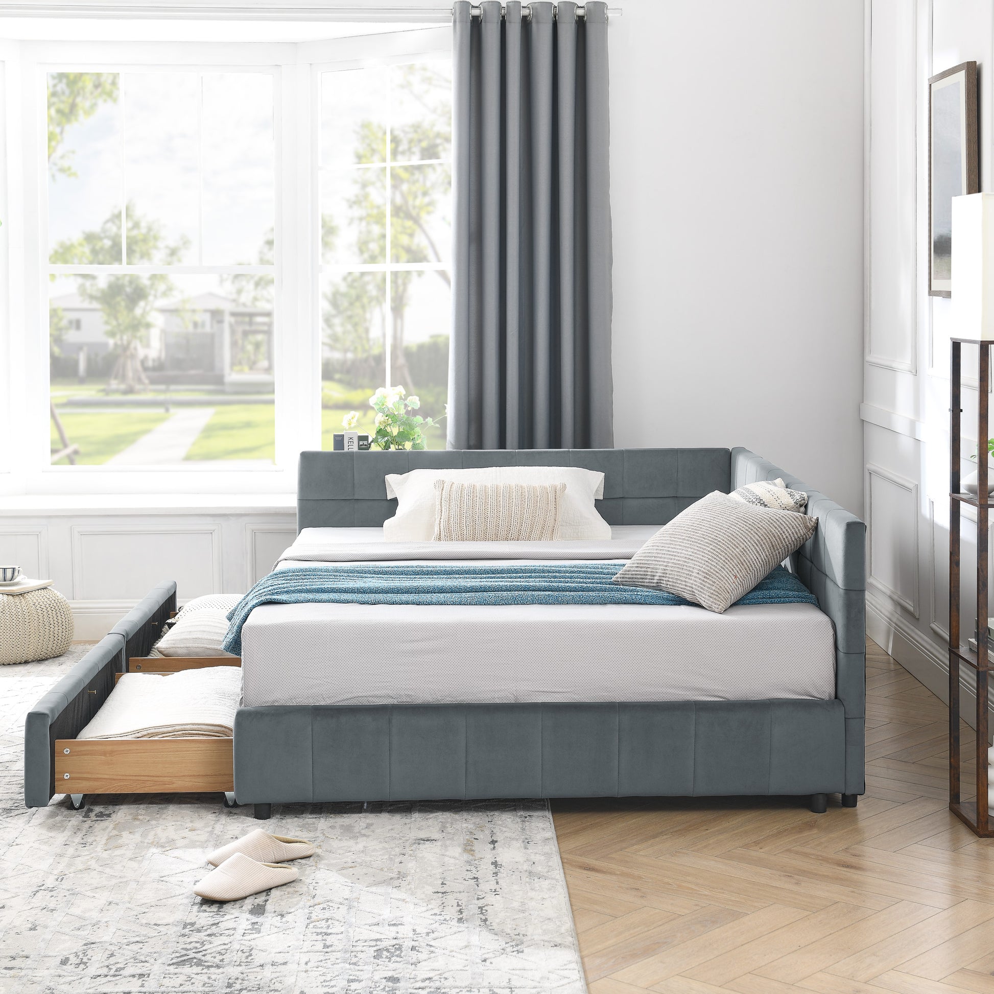 Full Size Storage Upholstered Tufted Bed Frame, Sofa Bed Frame With Comfortable Backrest And Armrests, Full Size Bed For Bedroom, Living Room,Velvet, GREY 80.5x59x29.5