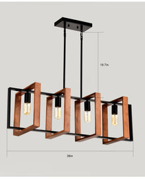 4-Light Kitchen Island Lights Pendant Light Farmhouse Dining Room Light Fixture, Rustic Wood And Black Metal Rectangular Chandelier, Hanging Lighting For Living Room,Conference Room, Home Office - CJDS