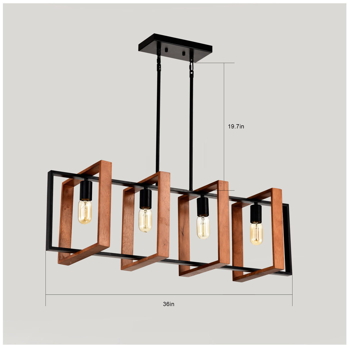 4-Light Kitchen Island Lights Pendant Light Farmhouse Dining Room Light Fixture, Rustic Wood And Black Metal Rectangular Chandelier, Hanging Lighting For Living Room,Conference Room, Home Office - CJDS
