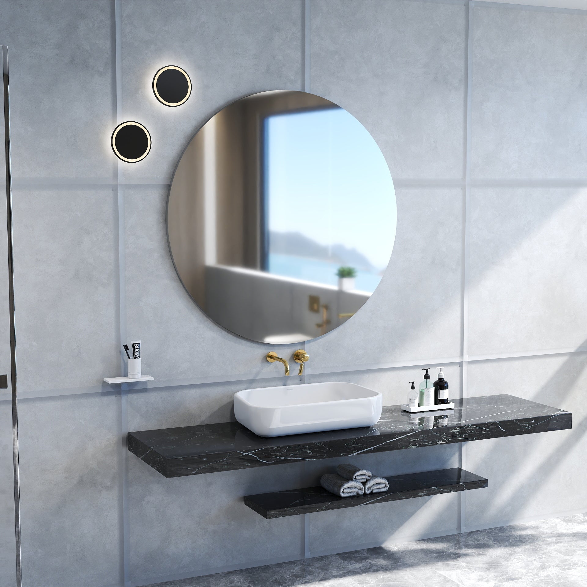 70cm Bathroom Mirror, Round Mirror, Matte White Backboard